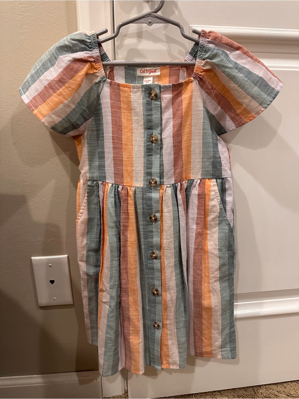 Cat & Jack Girls' Striped Button-Front Dress in Green, Pink, Orange & Cream